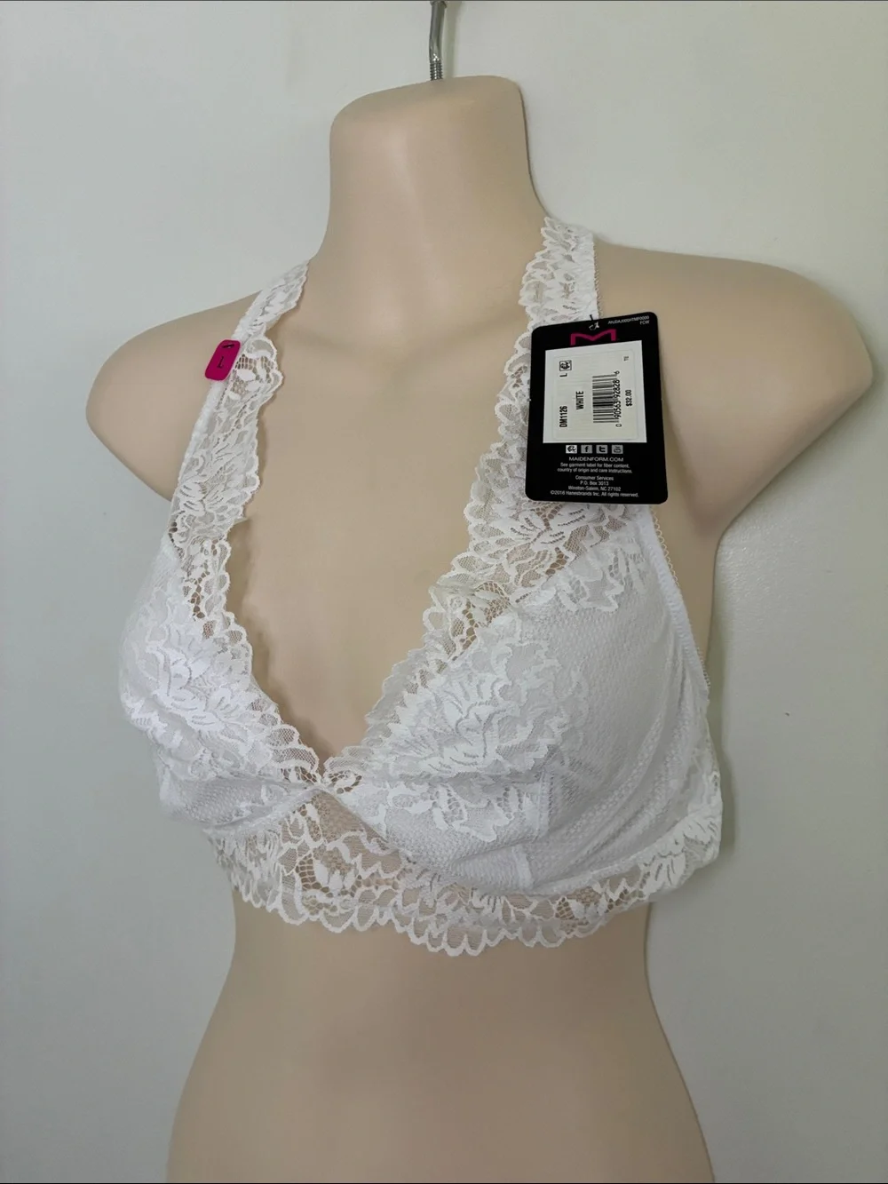 Maidenform White Lace Halter Racerback Bralette - Lightweight Womens Intimates L